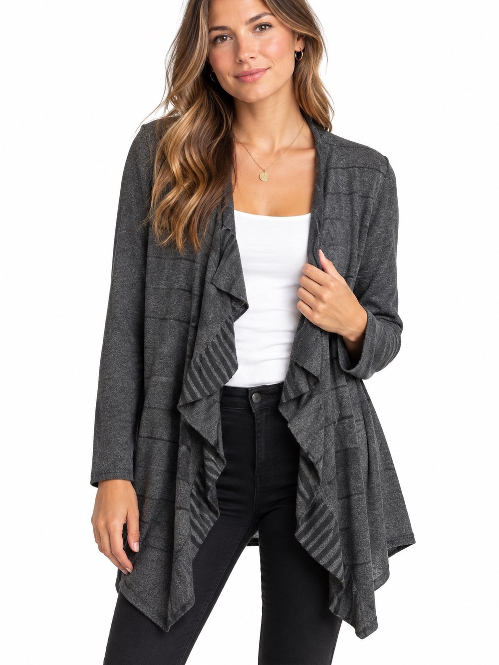 Eileen Fisher Cashmere Merino Wool Gray Ruffle Front Sweater Cardigan